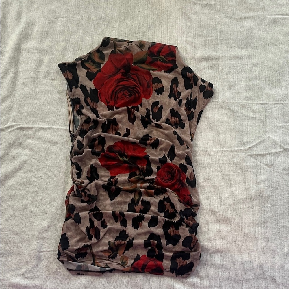 Red Rose Leopard Print Mesh Sleeveless Top